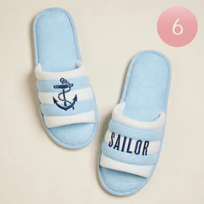 Fashnzfab 6pairs - Anchor Sailor Message Embroidered Striped Pool Side Slippers / Home Indoor Floor Slippers B In Blue
