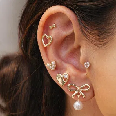 Fashnzfab 6pairs - Assorted Pearl Heart Bow Stud Earring Set In Gold