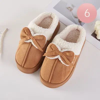 Fashnzfab 6pairs - Bow Accent Fuzzy Plush Home Indoor Floor Slippers Brown Assorted Size S/m/l In Multi