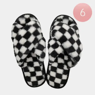 Fashnzfab 6pairs - Checkerboard Faux Fur Crisscross Soft Home Indoor Floor Slippers White S/m