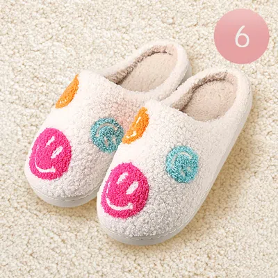 Fashnzfab 6pairs - Colorful Smile Emoji Printed Home Indoor Floor Slippers White Assorted Size S/m/l In Multi