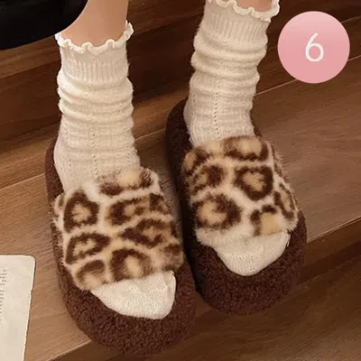 Fashnzfab 6pairs - Cozy Leopard Print Faux Fur Indoor Floor Slippers Beige S/m