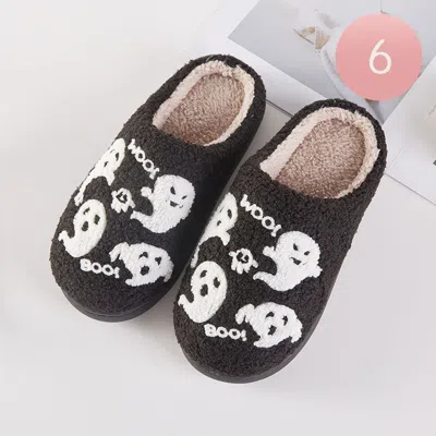 Fashnzfab 6pairs - Halloween Ghost Cozy Fleece Home Indoor Floor Slippers Black Assorted Size S/m/l