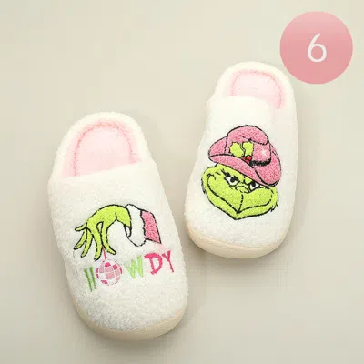 Fashnzfab 6pairs - Howdy Western Grinch Green Monster Holiday Indoor Slippers Ivory, Pink Assorted Size S/m/l In Multi