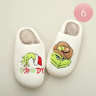 Fashnzfab 6pairs - Howdy Western Grinch Green Monster Holiday Indoor Slippers Ivory, Taupe Assorted Size S/m/l In White