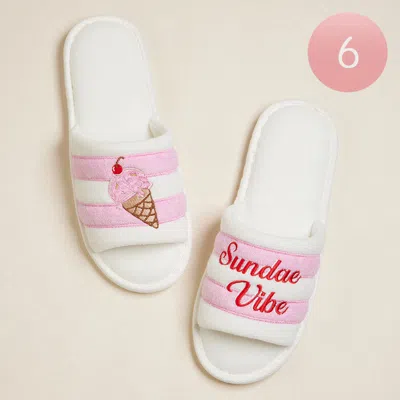 Fashnzfab 6pairs -ice Cream Cone Sundae Vibe Message Embroidered Striped Pool Side Slippers / Home Indoor Floo In Pink