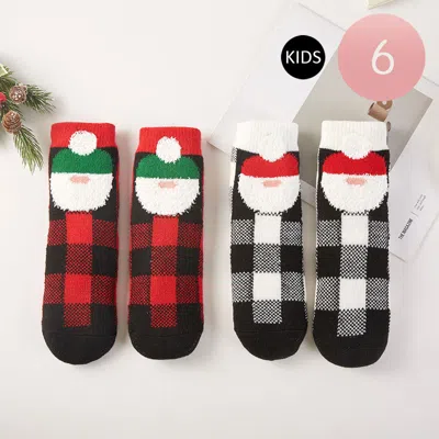 Fashnzfab 6pairs - Kids Checkered Santa Fuzzy Winter Socks Set In Multi