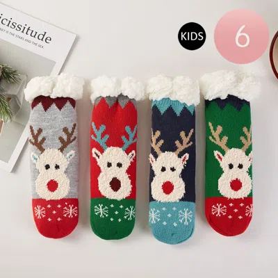 Fashnzfab 6pairs - Kids Christmas Reindeer Fuzzy Winter Socks Set In Multi