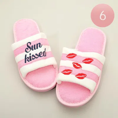 Fashnzfab 6pairs - Kissy Lips Sun Kissed Message Embroidered Striped Pool Side Slippers / Home Indoor Floor Sl In Multi