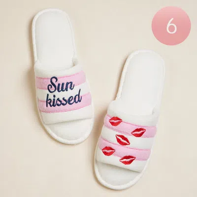 Fashnzfab 6pairs - Kissy Lips Sun Kissed Message Embroidered Striped Pool Side Slippers / Home Indoor Floor Sl In White