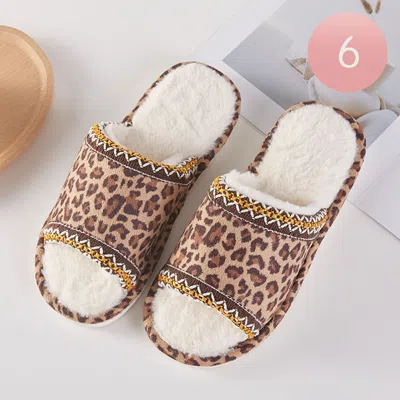 Fashnzfab 6pairs - Leopard Plush Home Indoor Floor Slippers - Leopard In Brown