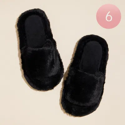 Fashnzfab 6pairs - Open Toe Plain Fuzzy Slipper Black Assorted Size S/m/l