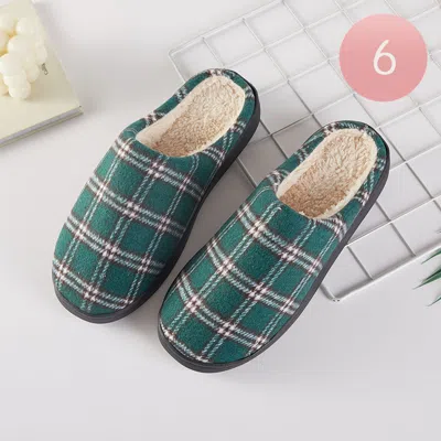 Fashnzfab 6pairs - Plaid Fleece Plush Home Indoor Floor Slippers Green Assorted Size S/m/l In Multi