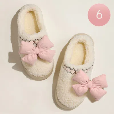 Fashnzfab 6pairs - Platform Corduroy Puffy Bow Sherpa Indoor Slippers - Ivory In Multi