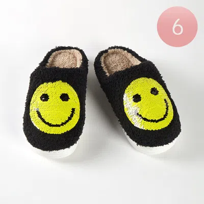 Fashnzfab 6pairs - Reversible Sequin Smile Soft Home Indoor Floor Slippers Black S/m