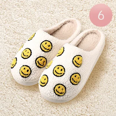 Fashnzfab 6pairs - Smile Emoji Printed Home Indoor Floor Slippers White Assorted Size S/m/l In Multi