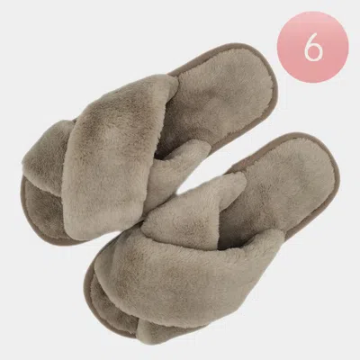 Fashnzfab 6pairs - Solid Crisscross Faux Fur Soft Home Indoor Floor Slippers Taupe S/m In Grey