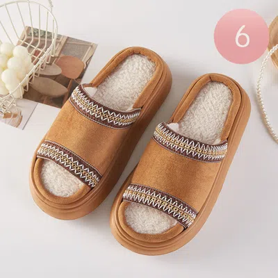 Fashnzfab 6pairs - Tribal Pattern Embroidered Plush Home Indoor Floor Slippers Camel Assorted Size S/m/l In Multi