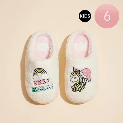 Fashnzfab 6pairs - Very Merry Message Unicorn Kid's Home Slippers Pink, White Assorted Size S/m/l In Multi