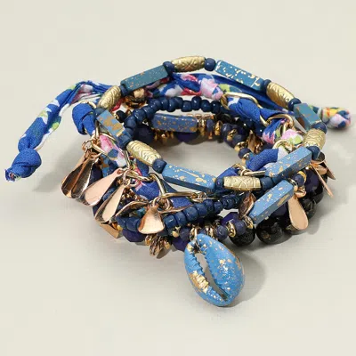 Fashnzfab 6pcs - Boho Conch Shell Charm Accent Beaded Stretch Adjustable Multi Layered Bracelets - Blue