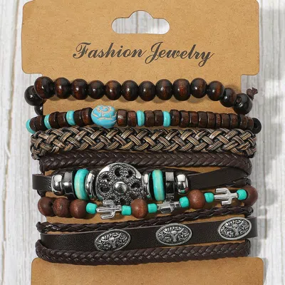 Fashnzfab 6pcs - Boho Tribal Theme Braided Adjustable Wooden Beaded Stretch Multi Layered Bracelets Assorted