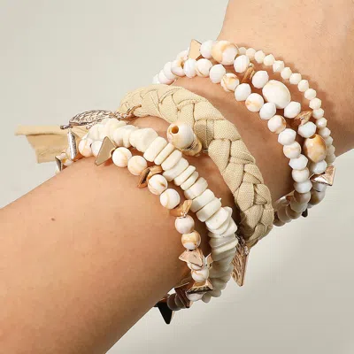 Fashnzfab 6pcs - Boho Turtle Beach Theme Charm Beaded Stretch Multi Layered Bracelets - Neutral In Sand