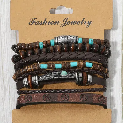 Fashnzfab 6pcs - Boho Western Feather Charm Accent Braided Adjustable Wooden Beaded Stretch Multi Layered Brac In Brown