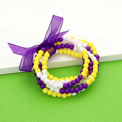 Fashnzfab 6pcs - Game Day Beaded Stretch Bracelets Purple, Yellow In Multi