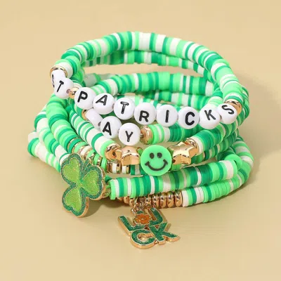 Fashnzfab 6pcs - Luck Charm Smile Face Clover St Patricks Day Heishi Beaded Stretch Multi Layered Bracelets In Green