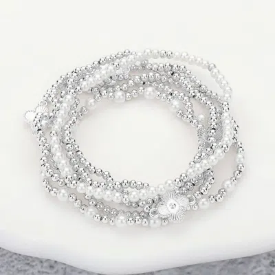 Fashnzfab 6pcs - Metal Quatrefoil Ball Pearl Beaded Stretch Multi Layered Bracelets