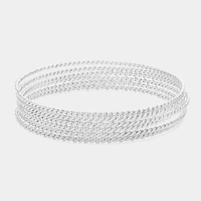 Fashnzfab 6pcs - Metal Rope Layered Bangle Bracelets Rhodium In Metallic