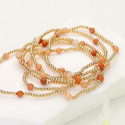 Fashnzfab 6pcs - Natural Stone Metal Ball Beaded Stretch Multi Layered Bracelets