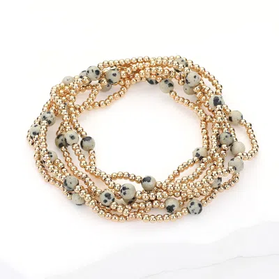 Fashnzfab 6pcs - Natural Stone Metal Ball Beaded Stretch Multi Layered Bracelets Black, Neutral