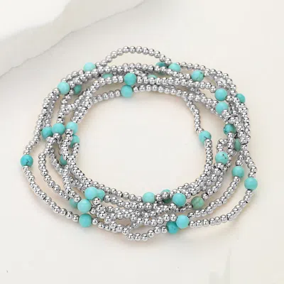 Fashnzfab 6pcs - Natural Stone Metal Ball Beaded Stretch Multi Layered Bracelets Rhodium, Turquoise In Gray