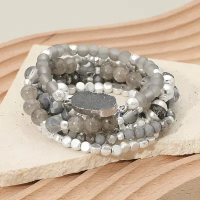 Fashnzfab 6pcs - Oval Druzy Charm Accent Faceted Beaded Stretch Multi Layered Bracelets In Gray