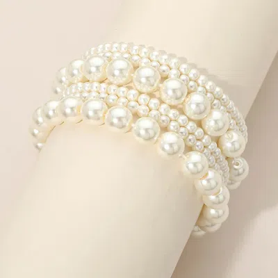 Fashnzfab 6pcs - Pearl Beaded Stretch Multi Layered Bracelets In White