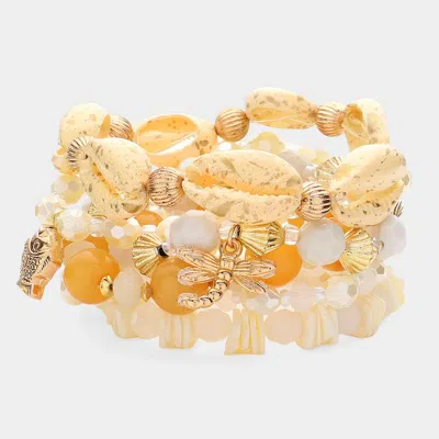 Fashnzfab 6pcs - Puka Shell Pointed Dragonfly Fish Pigeon Charm Faceted Beaded Stretch Multi Layered Bracelets