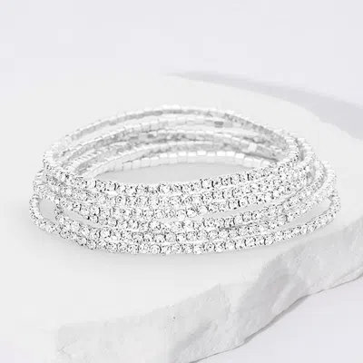 Fashnzfab 6pcs - Rhinestone Multi Layered Stretch Evening Bracelets Clear, Silver