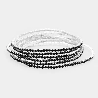 Fashnzfab 6pcs - Rhinestone Multi Layered Stretch Evening Bracelets Jet Black, Silver