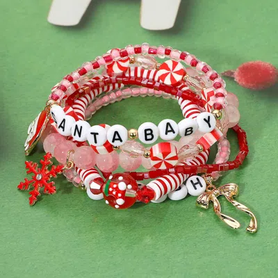 Fashnzfab 6pcs - Santa Baby Sleigh Message Snowflake Bow Santa Charm Beaded Stretch Multi Layered Bracelets -  In Red