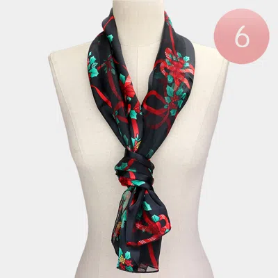 Fashnzfab 6pcs - Silk Feel Christmas Pattern Print Scarf In Black