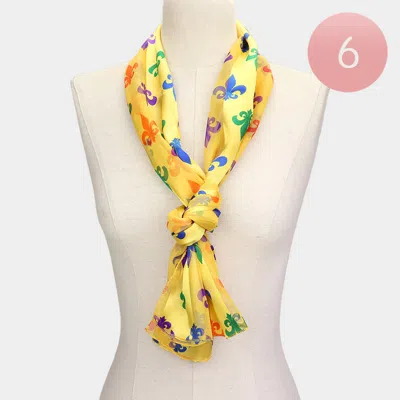 Fashnzfab 6pcs - Silk Feel Satin Mardi Gras Fleur De Lis Patterned Scarf In Gold