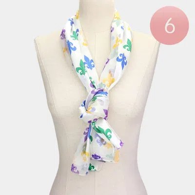 Fashnzfab 6pcs - Silk Feel Satin Mardi Gras Fleur De Lis Patterned Scarf In Multi