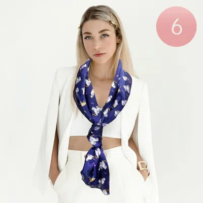 Fashnzfab 6pcs - Silk Feel Satin Striped Cat Print Scarf In Blue