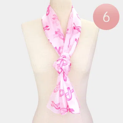 Fashnzfab 6pcs - Silk Feel Satin Striped Pink Ribbon Pattern Printed Scarves