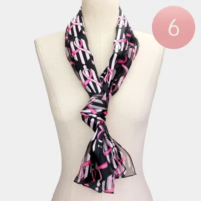 Fashnzfab 6pcs - Silk Feel Satin Striped Pink Ribbon Pattern Printed Scarves In Black