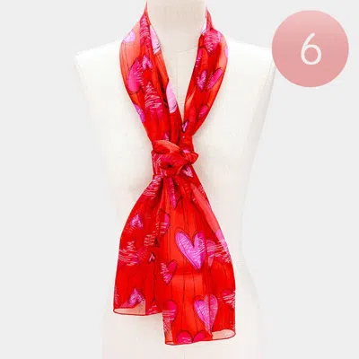 Fashnzfab 6pcs - Silk Feel Striped Heart Pattern Scarf In Red