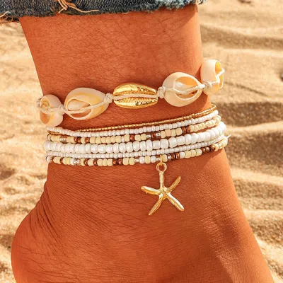 Fashnzfab 6pcs - Starfish Charm Accented Conch Shell Seed Beaded Multi Layered Anklets