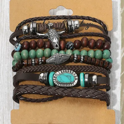 Fashnzfab 6pcs - Unisex Western Theme Steerhead Turquoise Charm Accent Adjustable Wood Beaded Stretch Multi La
