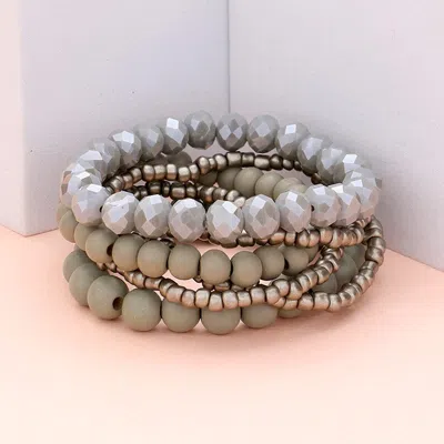 Fashnzfab 6pcs - Wood Ball Faceted Beaded Stretch Bracelets In Gray